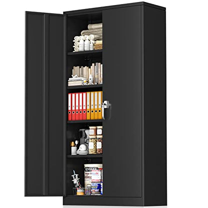 Greenvelly Storage Cabinet, 72” Black Garage Steel Locking Cabinet with Doors and 4 Adjustable Shelves, Tall Lockable File &Tool Cabinet for Home Office, Metal Classroom Cabinet Basement - color: Black, style: 72"H