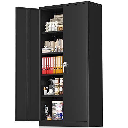 Greenvelly Storage Cabinet, 72” Black Garage Steel Locking Cabinet with Doors and 4 Adjustable Shelves, Tall Lockable File &Tool Cabinet for Home Office, Metal Classroom Cabinet Basement - color: Black, style: 72"H