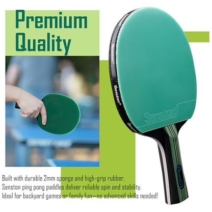Senston 5-Ply Ping Pong Paddles Set – Premium Wood Table Tennis (Set of 2) with 3 Balls & Portable Carry Case – High-Control 2mm Sponge & Ergonomic Non-Slip Grip for Beginners & Family Play - color: Green