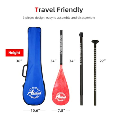 Abahub Carbon Fiber SUP Paddles, 1 x 3 Section Adjustable 67" - 86" Carbon Fiber Shaft, Lightweight Stand-up Paddle Oars for Paddleboards, with a Carrying Bag - color: Carbon Fiber Shaft & Red Wave Print Plastic Blade