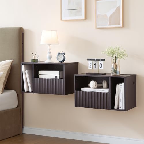 BuildHom Modern Espresso Fluted Floating Nightstand with Charging Station, NightStand with Drawers, Bedside with USB Ports and Outlets, Bedroom Furniture (Set of 2) - color: Espresso, size: Set of 2