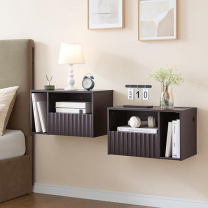 BuildHom Modern Espresso Fluted Floating Nightstand with Charging Station, NightStand with Drawers, Bedside with USB Ports and Outlets, Bedroom Furniture (Set of 2) - color: Espresso, size: Set of 2