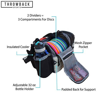 The Throwback Sack - Frisbee Disc Golf Bag with Cooler - Holds 12 to 15 Discs + 6 Cold Drinks + Water Bottle Holder - Extra Padding, Comfortable Strap - Room for All Your Disc Golf Accessories