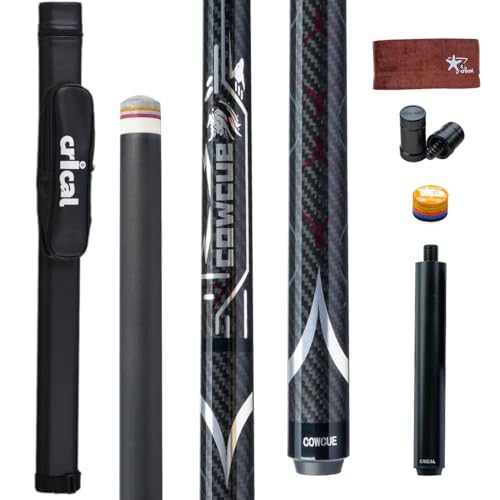 CRICAL COWCUE 58-Inch Carbon Fiber Pool Cue, Low Deflection, 12.5mm Tip | Adjustable pool cue with 3/8x8 joint for stable control, regular billiards practice and pool hall play. - color: CW-02-Set