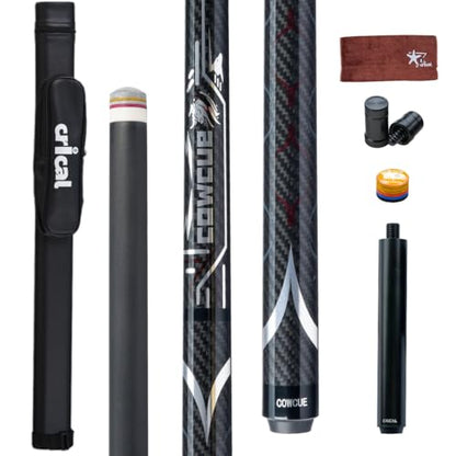 CRICAL COWCUE 58-Inch Carbon Fiber Pool Cue, Low Deflection, 12.5mm Tip | Adjustable pool cue with 3/8x8 joint for stable control, regular billiards practice and pool hall play. - color: CW-02-Set