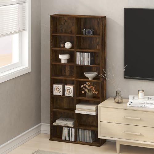 Toki 16-Shelf DVD Storage, CD Rack, Media Shelf, Media Storage, with Adjustable Shelves, for Living Room, Rustic Amber - color: Rustic Amber, size: 16-Shelf
