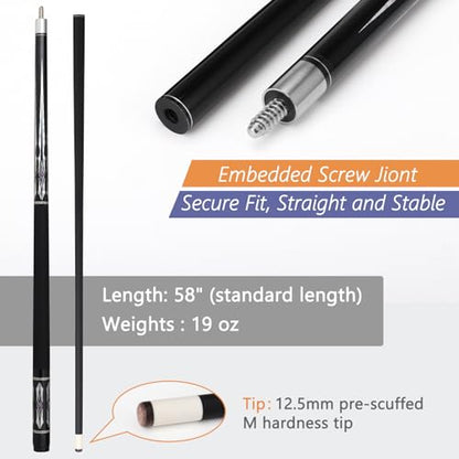 Glass Fiber Pool Cue Stick with Case Combo Set, 12.5mm Professional Pool Stick 58" Low Deflection Billiards Cue Stick 19 Oz Pool Cue Set for Men Adults Players - color: Black3