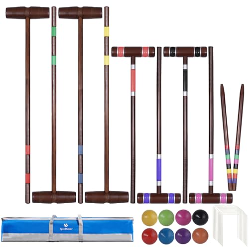 SpeedArmis Deluxe 8 Players Croquet Set with 32In Regulation | 28In Standard Size Rubber Wood Mallets, Colored PE Ball, Wickets, 21In End Stakes - Lawn Backyard Game for Teens/Adults/Family - color: Antique Finish