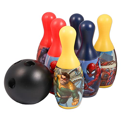Marvel Spiderman Bowling Games Activities Bundle for Toddlers, Kids - 3 Pc Superhero Bowling Set with Stickers, and More (Spiderman Playset)
