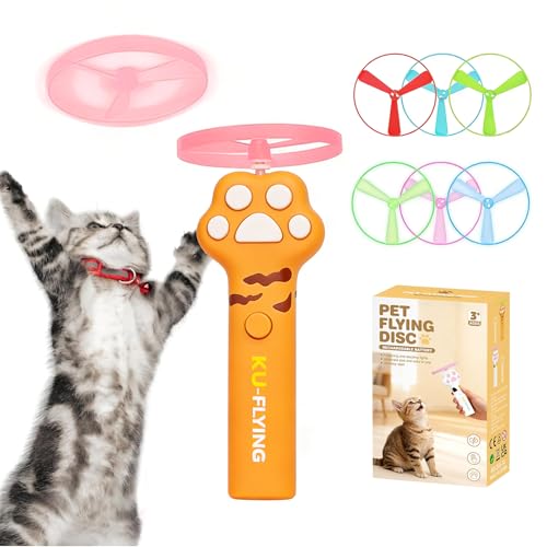 Cat Fetch Toy Launcher, Flying Disc Launcher with Rechargeable & 6 Soft Flying Discs (3 Glow), Easy Use Interactive Toys for Indoor Adult Cats & Kittens for Enrichment