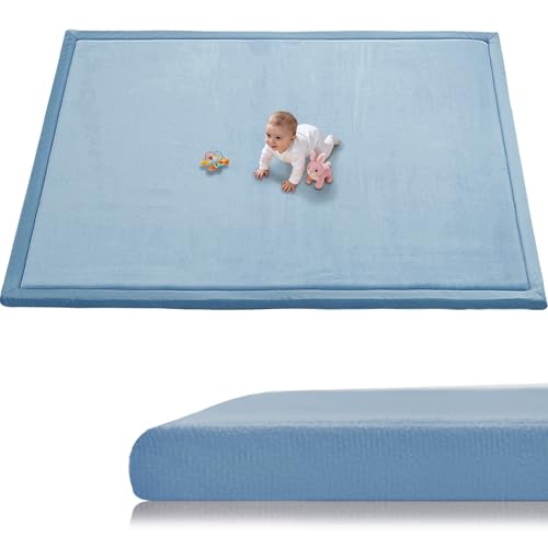 Baby Play Mat for Floor, 1.3 Inch Thick Memory Foam Tummy Time Mat with Non Slip Backing, Soft Coral Velvet 71X79 Inch Playpen Mat Crawling Tatami for Infants Toddlers Kids, Midnight Blue - color: Midnight Blue, size: 71" X 79"