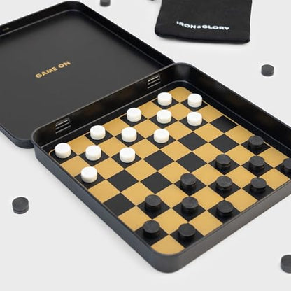 Iron & Glory Magnetic Travel Checkers Set Durable Tin Case with Secure Magnetic Pieces, Compact & Portable Board Game Family Strategy Game with Carry Pouch for Easy On-The-Go Fun, Ideal Novelty Gift - color: Travel Checkers