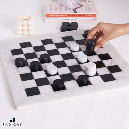 Radicaln Marble Checkers Board Game 15" Inches White and Black Handmade 2-Player Tournament Checker Set, Board Game Set – Elegant Holiday - color: White and Black