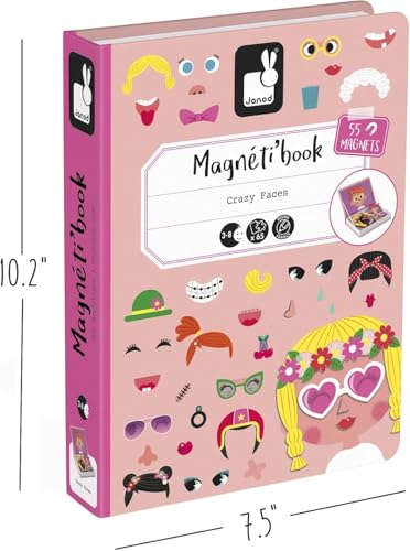 Janod MagnetiBook 66 pc Magnetic Girl Crazy Face Dress Up Game - Ages 3+ - Creative Play - Enhances Creativity and Learning - Includes 55 Magnetic Pieces and 10 Cards - style: Girl Crazy Faces Dress Up