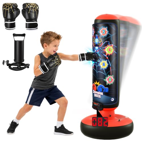 Kids Inflatable Punching Bag with Electronic Score Counter Music Lights 4 Game Modes, Complete Boxing Set with Gloves Air Pump, Indoor Outdoor Martial Arts Toy Gift for Boys Girls 4-12