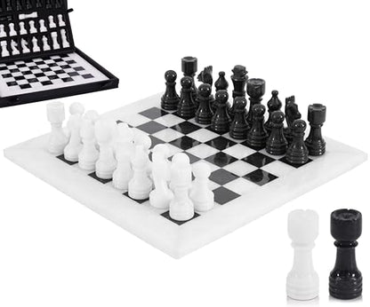 Marble Chess Set 12" Inches White and Black with Storage Box and 2 Extra Queen Handmade Classic Board Games for Adults, Luxury Chess Board & Marble Chess Set for Adults - color: White & Black