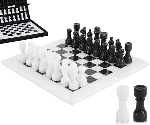 Marble Chess Set 12" Inches White and Black with Storage Box and 2 Extra Queen Handmade Classic Board Games for Adults, Luxury Chess Board & Marble Chess Set for Adults - color: White & Black