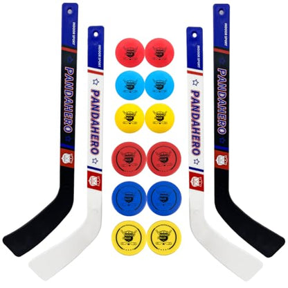 Pandahero Mini Knee Hockey Sticks Set for Kids – Kids Toys Gifts for Toddler Boys & Girls – Indoor Mini Hockey Kit with 4 Sticks, 6 Foam Balls & 6 Pucks