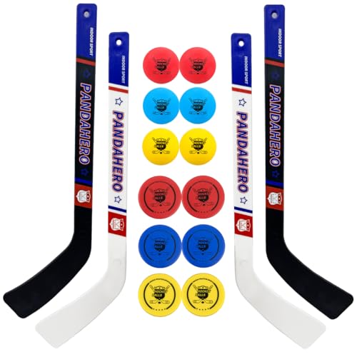 Pandahero Mini Knee Hockey Sticks Set for Kids – Kids Toys Gifts for Toddler Boys & Girls – Indoor Mini Hockey Kit with 4 Sticks, 6 Foam Balls & 6 Pucks