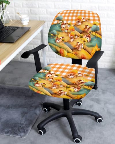Savannan Office Chair Cover, Watercolor Autumn Farm House Protective Stretch Elastic Universal Cover for Desk Task Chair,Computer Rotating Chair 1 Pcs Thanksgiving Orange Plaid