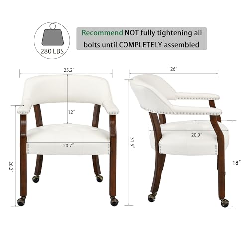 Set of 4 Dining Leather Chairs with Casters & Arms, Accent Captain Chair with Wheels, Roller Wood Wheeled Chairs for Kitchen & Game Poker Table,Cherry&Ivory 1533WT(NO Table!) - color: Cherry&ivory