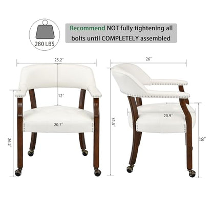 Set of 4 Dining Leather Chairs with Casters & Arms, Accent Captain Chair with Wheels, Roller Wood Wheeled Chairs for Kitchen & Game Poker Table,Cherry&Ivory 1533WT(NO Table!) - color: Cherry&ivory