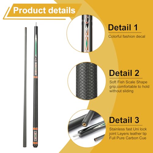 Carbon Fiber Pool Cue Stick,58" Pool Table Sticks, 12.5mm Tip Soft Grip Billiard Carbon Fiber cue, Weight 20OZ Cue Stick
