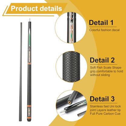 Carbon Fiber Pool Cue Stick,58" Pool Table Sticks, 12.5mm Tip Soft Grip Billiard Carbon Fiber cue, Weight 20OZ Cue Stick