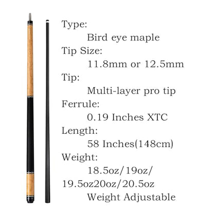 Carbon Fiber Pool Cue,11.8mm/12.5mm Low Deflection Cue Stick,Professional Pool Stick with Case - color: Bird Eye Maple, size: 11.8mm