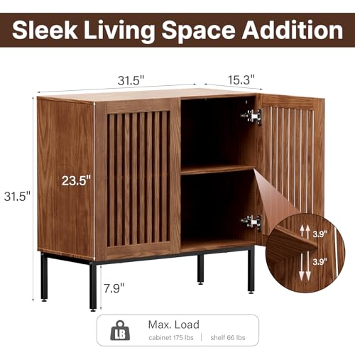 BVIUNTWO Modern Storage Cabinet with Slatted Doors,Sideboard Buffet Cabinet with Adjustable Shelf and Metal Legs for Kitchen,Dining Room,Living Room,32 Inch,Brown - size: 32 Inch