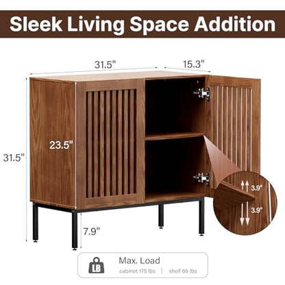 BVIUNTWO Modern Storage Cabinet with Slatted Doors,Sideboard Buffet Cabinet with Adjustable Shelf and Metal Legs for Kitchen,Dining Room,Living Room,32 Inch,Brown - size: 32 Inch