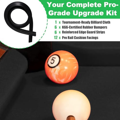 Podoy 8ft Pool Table Replacement Kit, Pool Table Bumpers (Set of 6) with Felt Cloth/Cushion Facings (Set of 12) for Billiard Rail Rubber Bumpers Home & Pro Use Billiard Rail & Pocket Accessories - color: BLACK WITH CLOTH