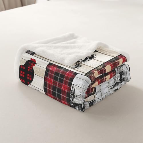Rustic Farm Animal Fleece Bed Blanket Twin 60"X80" Retro Buffalo Plaid Farmhouse Cabin Throw Blanket Country Sheep Chicken Cow Print Sherpa Blanket,Grid Windmill Flannel Blanket Red Black Grey - color: Pattern 16, size: Twin(60"x80")