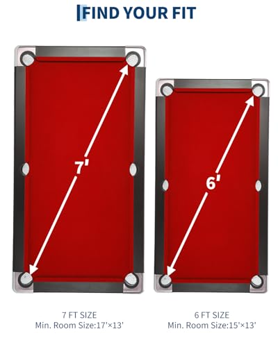6,7 Foot Foldable Pool Table, Portable Billiards Table with Full Accessories Set, No Assembly, Metal k-Shaped Legs, Includes 16 Balls, 2 Cue Sticks, Chalk, Rack & Brush, Game Room Table for Home, Apar - size: Red-6FT