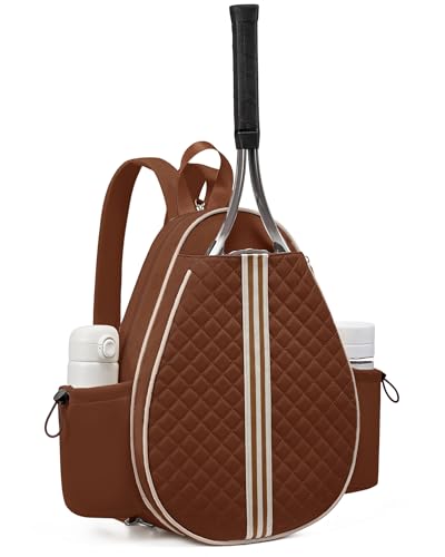 Sucipi Tennis Bag, Quilted Tennis Sling Crossbody Backpack, Water Resistant Tennis Racket Bags for Women Men, Suitable for Pickleball Tennis Badminton - color: Brown, size: Medium