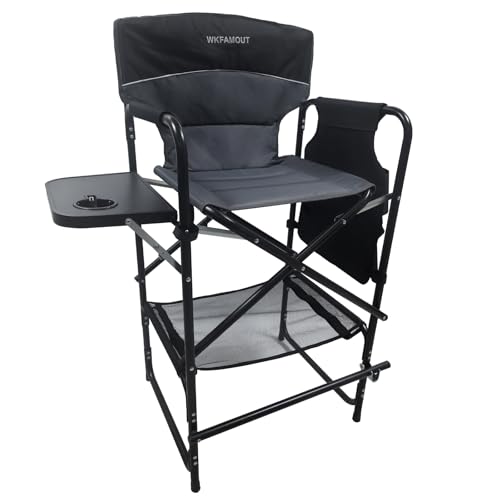 Tall Folding Director Chair 30.7" Seat Height Foldable Bar Stool for Makeup Artist Face Painting with Side Table Carry Bag and Cosmetic Bag Supports 350LBS - color: Grey-padded