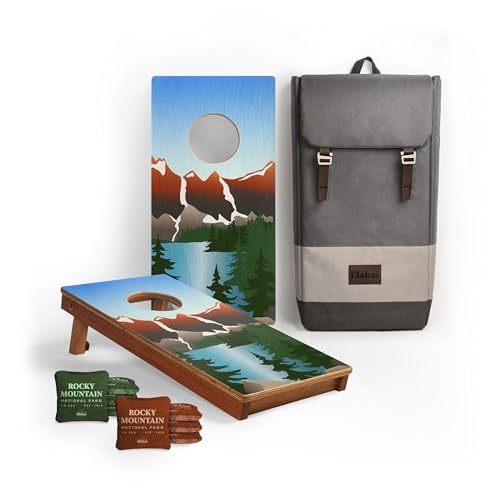 Elakai 1x2 Travel Size Cornhole Boards Set – National Parks Inspired Design, Premium Wooden Cornhole Game with Collapsible Legs & Carry Handles for Outdoor Lawn & Tailgate Games - color: Rocky Mountain