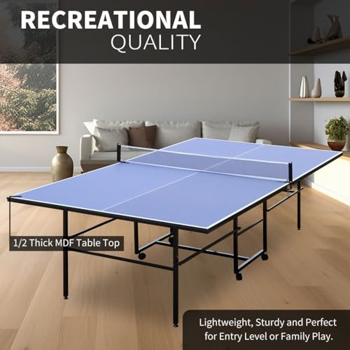Portable Table Tennis Table, 9ft Foldable Ping Pong Game Set with 2 Paddles and 3 Balls All Weather Aluminum Composite Outdoor Ping Pong Table with Waterproof Net Set Indoor & Outdoor Compatibl