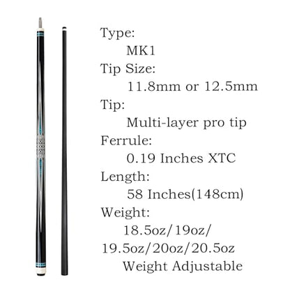 Carbon Fiber Pool Cue,11.8mm/12.5mm Low Deflection Cue Stick,Professional Pool Stick with Case - color: MK1+Extension, size: 12.5mm