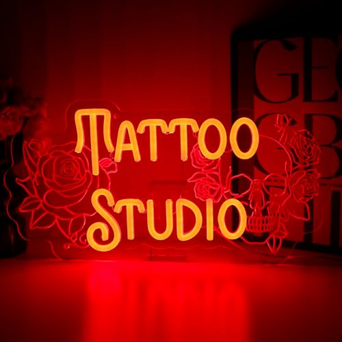 Tattoo Studio Neon Sign for Wall Decor, Red Rose Flower Led Signs for Business, USB Dimmable Skull Neon Lights for Tattoo Piercing Salon Beer Bar Pub Garage Man Cave Gothic Party Decor - style: Tattoo Studio
