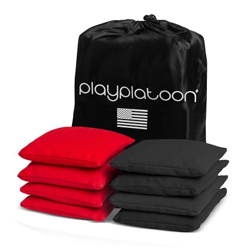 Play Platoon Cornhole Bags Weather Resistant- Set of 8 Regulation Bean Bags for Tossing- Official Professional Size & Weight Corn Hole Bags Two Color All Weather Cornhole Beans Bag Set with Tote Bag - color: Black & Red
