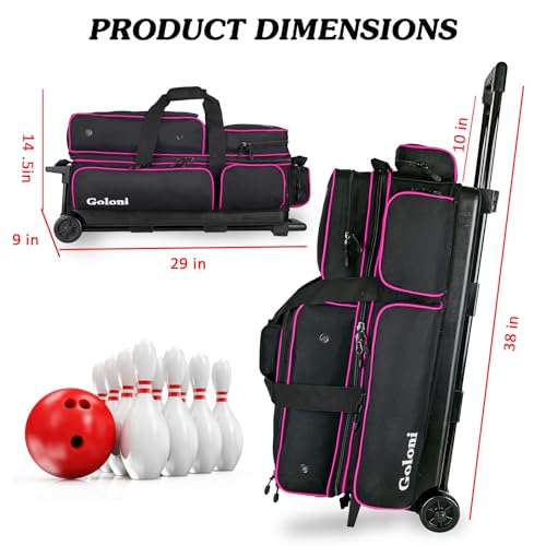 Goloni 3 Ball Bowling Bags with Wheels - Rolling Bowling Bag for 3 Balls & Accessories - Retractable Handle Extends to 38 - color: pink