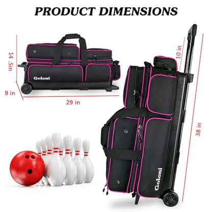 Goloni 3 Ball Bowling Bags with Wheels - Rolling Bowling Bag for 3 Balls & Accessories - Retractable Handle Extends to 38 - color: pink