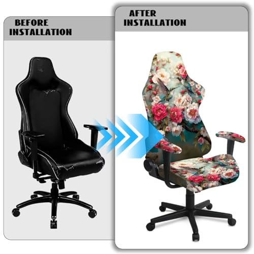 Gaming Chair Slip Cover Set Hummingbird Peony Print Game Chair Cover with Armrest Covers Universal Fit Computer Chairs Seat Slipcovers, Easy to Install - color: Multi - Hummingbird Peony