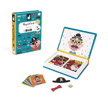 Janod - Magnetibook 83 Pc Magnetic Boy Crazy Face Dress Up Game - Decorating Fridge with Magnetic Letters - Enhances Creativity and Learning - Boosts Self-Confidence - Portable and Easy Storage - style: Boy Crazy Faces Dress Up