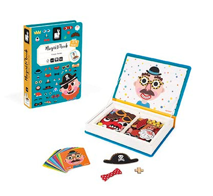Janod - Magnetibook 83 Pc Magnetic Boy Crazy Face Dress Up Game - Decorating Fridge with Magnetic Letters - Enhances Creativity and Learning - Boosts Self-Confidence - Portable and Easy Storage - style: Boy Crazy Faces Dress Up