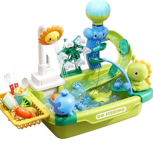 Water Table for Toddlers 1-3, 20inch Water Activity Sensory Playset with Running, Fishing, Dishwashing & Slide, Electric Circulation Toy Play Sink for Summer Outdoor (Style 1) - color: Dinosaur