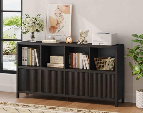 FATORRI 8 Cube Storage Organizer Bookshelf with 4 Doors, Low Horizontal Bookcase with Storage, Long Wood Book Shelf for Dining, Home Office (57 Inch Black) - color: Black With 4 Doors, size: 8 cube