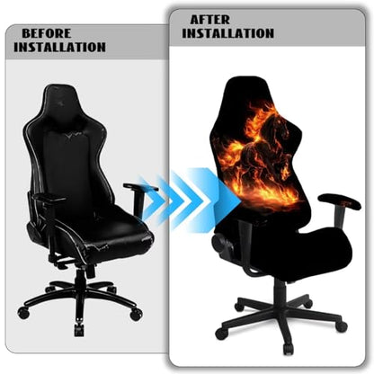 4Pcs Elastic Gaming Chair Slip Cover Set Fire Horse Print Game Chair Cover with Armrest Covers Skin Friendly Breathable, Machine Washable - color: Black and Orange - Fire Horse