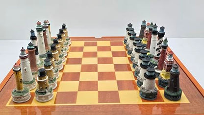 Lighthouse Themed Collectible Chess Set with Wooden Storage Board, Complete 32 Piece Hand Painted Resin Lighthouse Chess Pieces, Nautical Coastal Decor Chess Board Game Set for Adults Gift